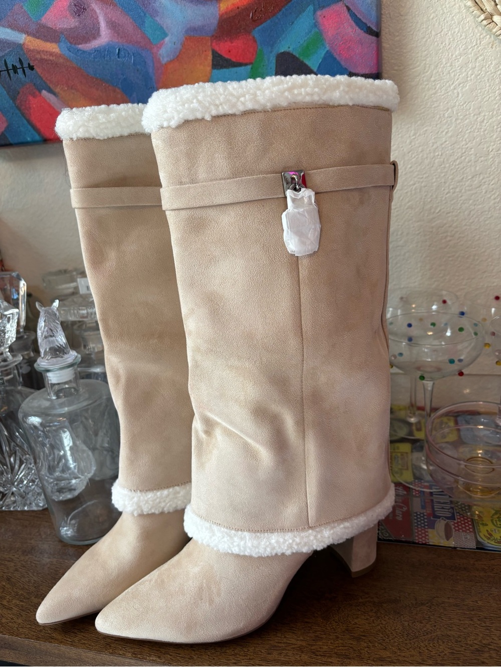 Brand New! Tall Faux-Suede Shearling-Trim Heeled Boots in Cream (Size: 10)